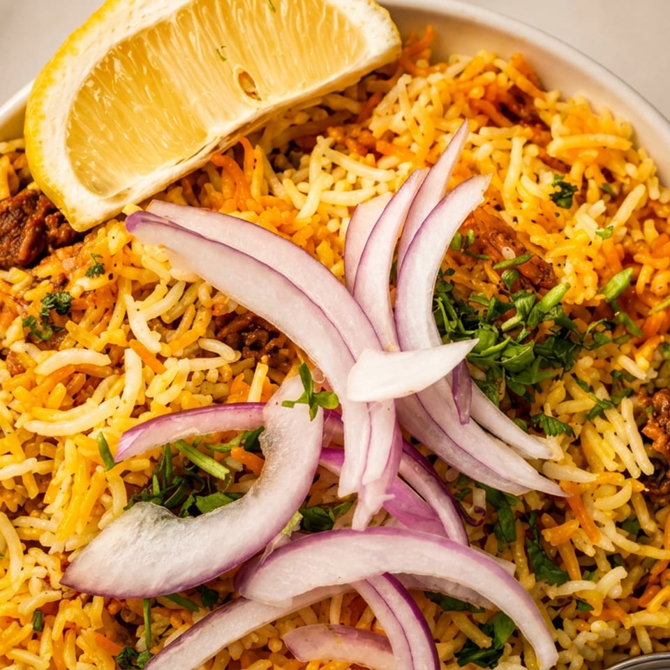 Biryani in a white bowl, garnished with red onions, cilantro, and a lemon wedge.