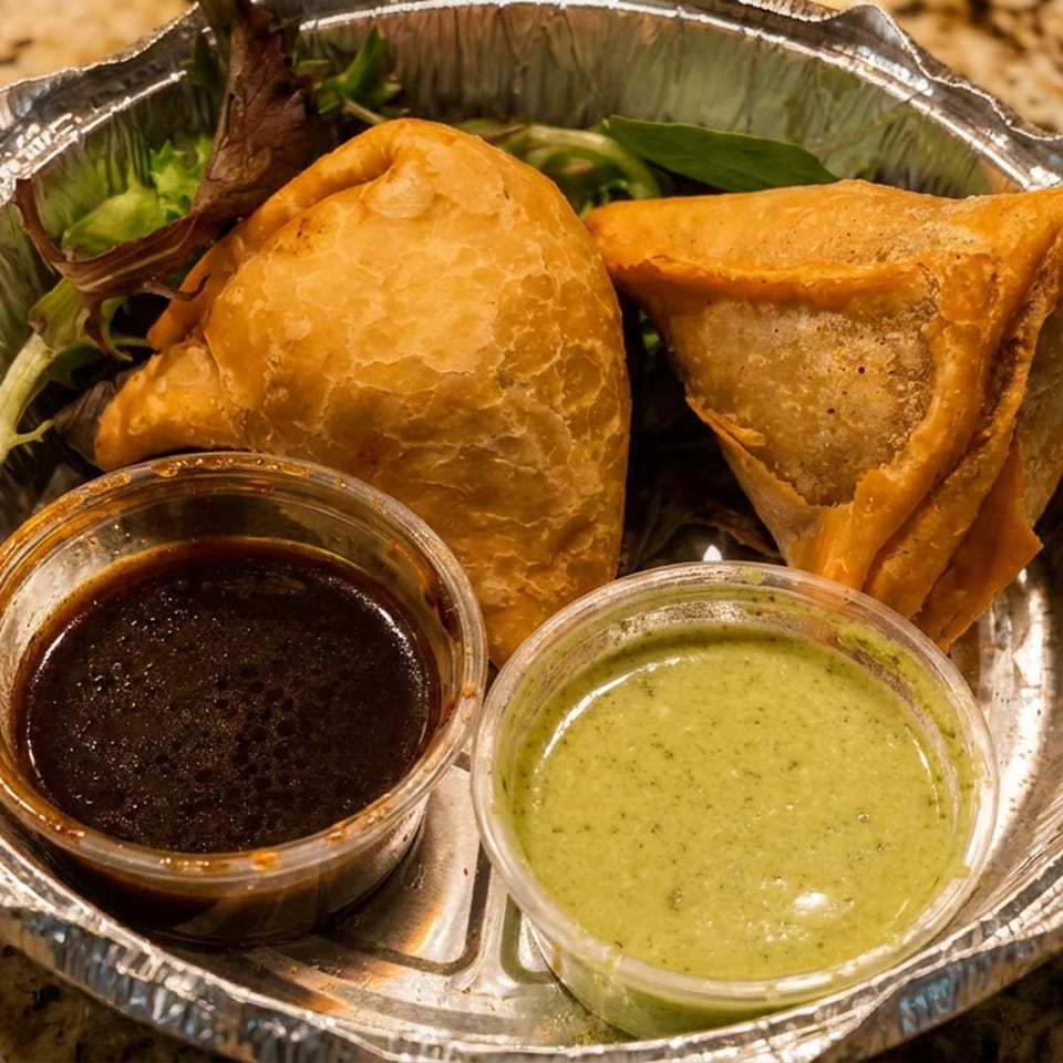 Crispy samosas with tamarind and mint chutneys in a foil takeout container.