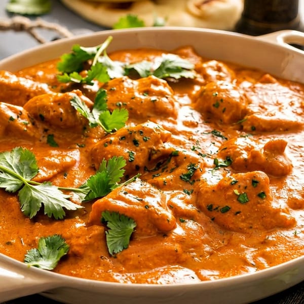 Rich orange chicken curry with fresh cilantro, served in a skillet alongside white rice.