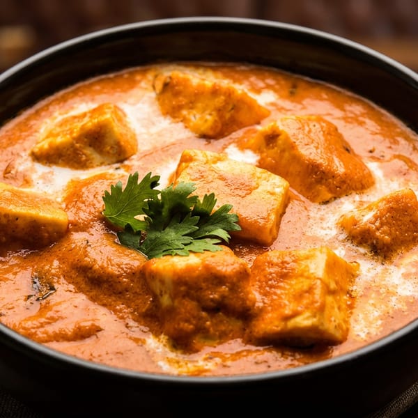 Indian paneer butter masala with fresh cilantro in a black bowl on a rustic wooden table.